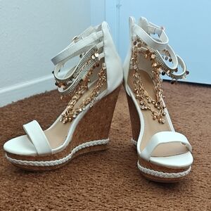 Elegant White and Gold Wedge Sandals